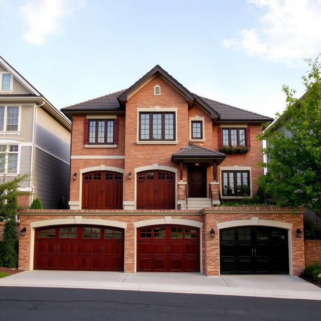 Beautiful garage door installations by Pineville Garage Doors showing various styles including mahogany wood and carriage house designs