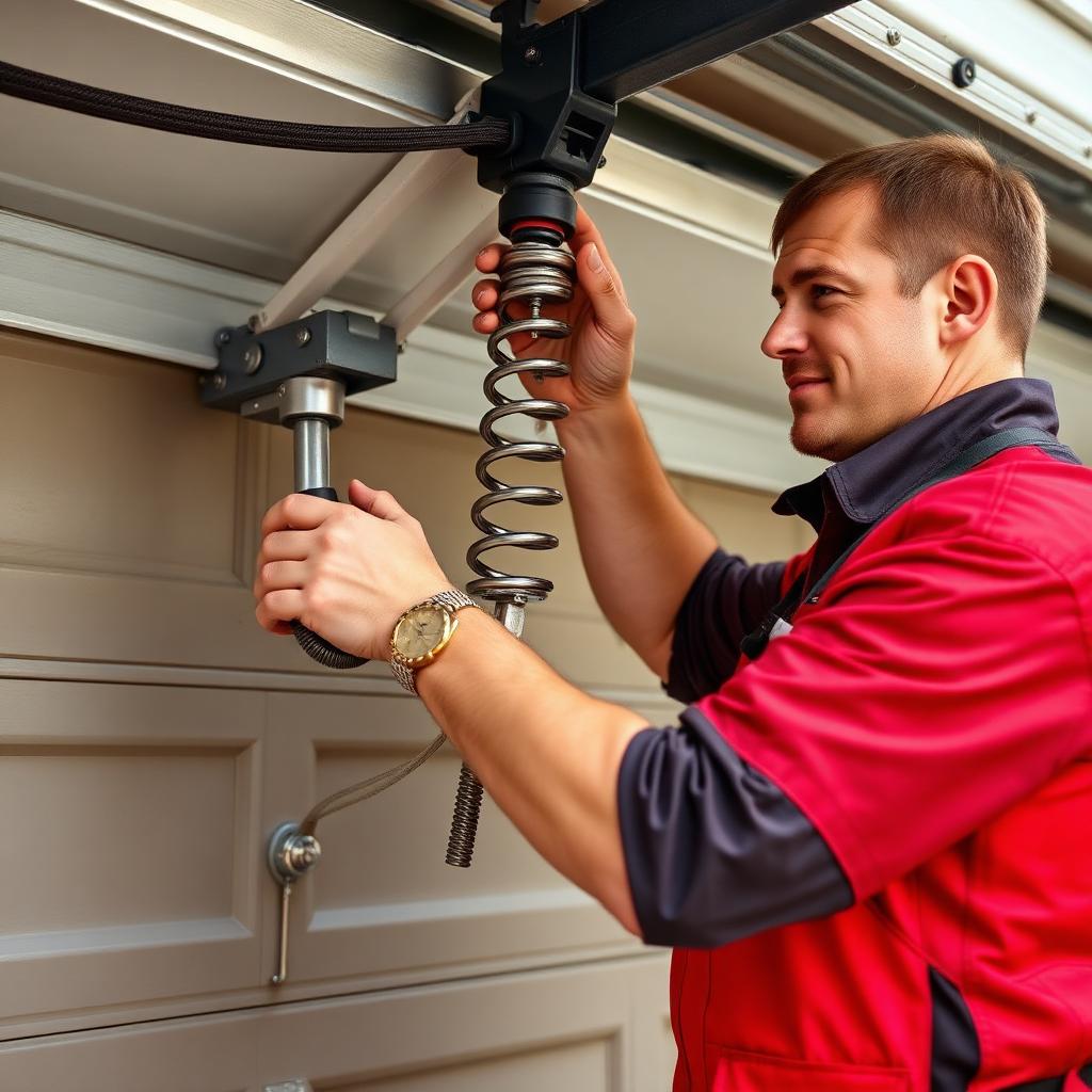 Skilled Pineville Garage Doors technician performing spring repair with professional equipment